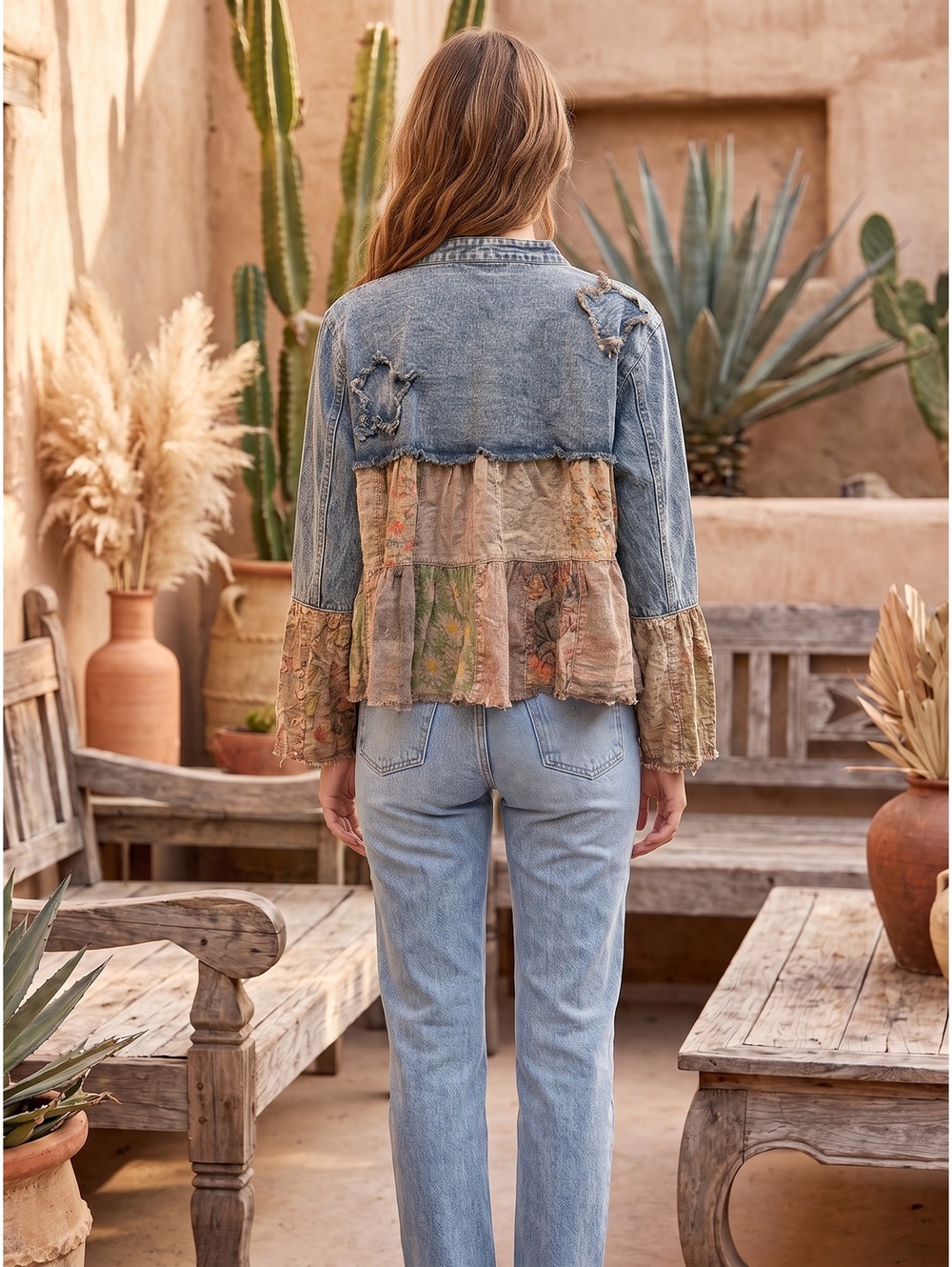 YOUNG THREADS Star Patch Denim Patchwork Shrug Gravel NWT XL - Picture 3 of 5